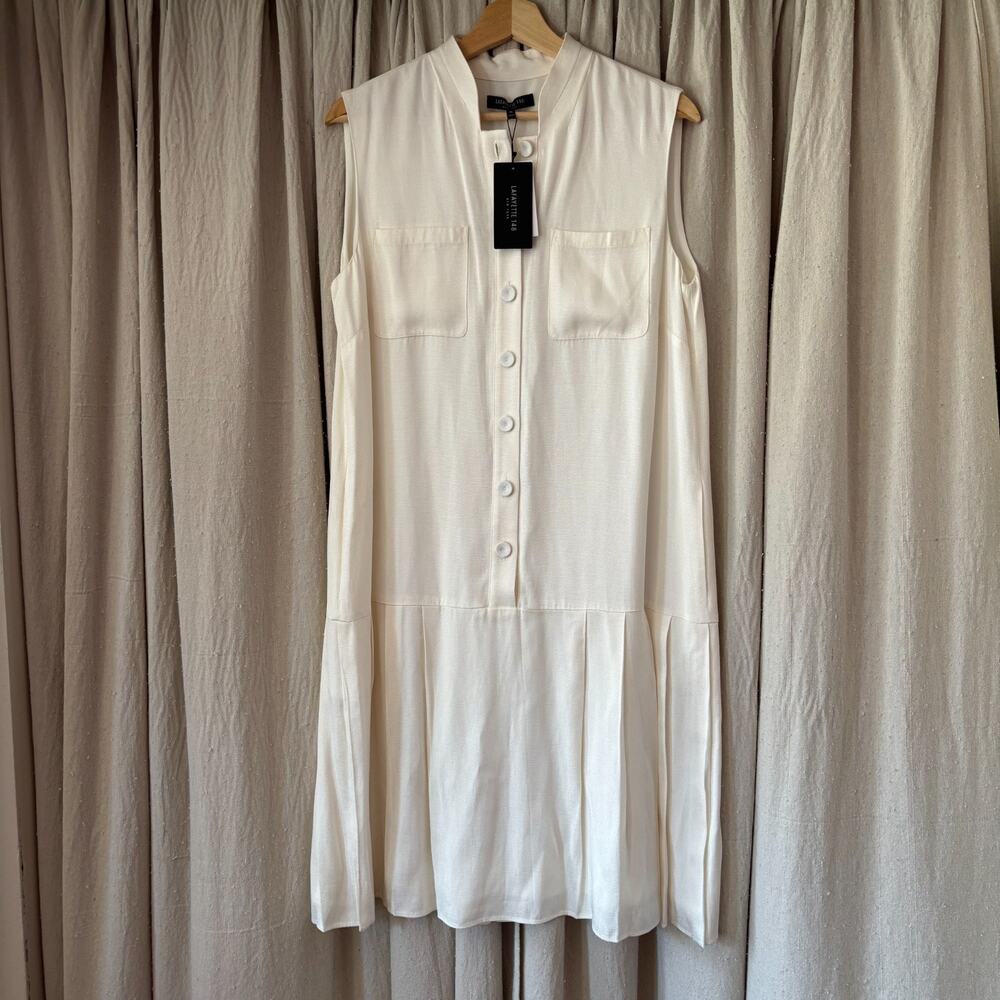 Lafayette 148 NY Raffia Pleated Shift Drop Waist Dress Button Front‎ NWT Size M
